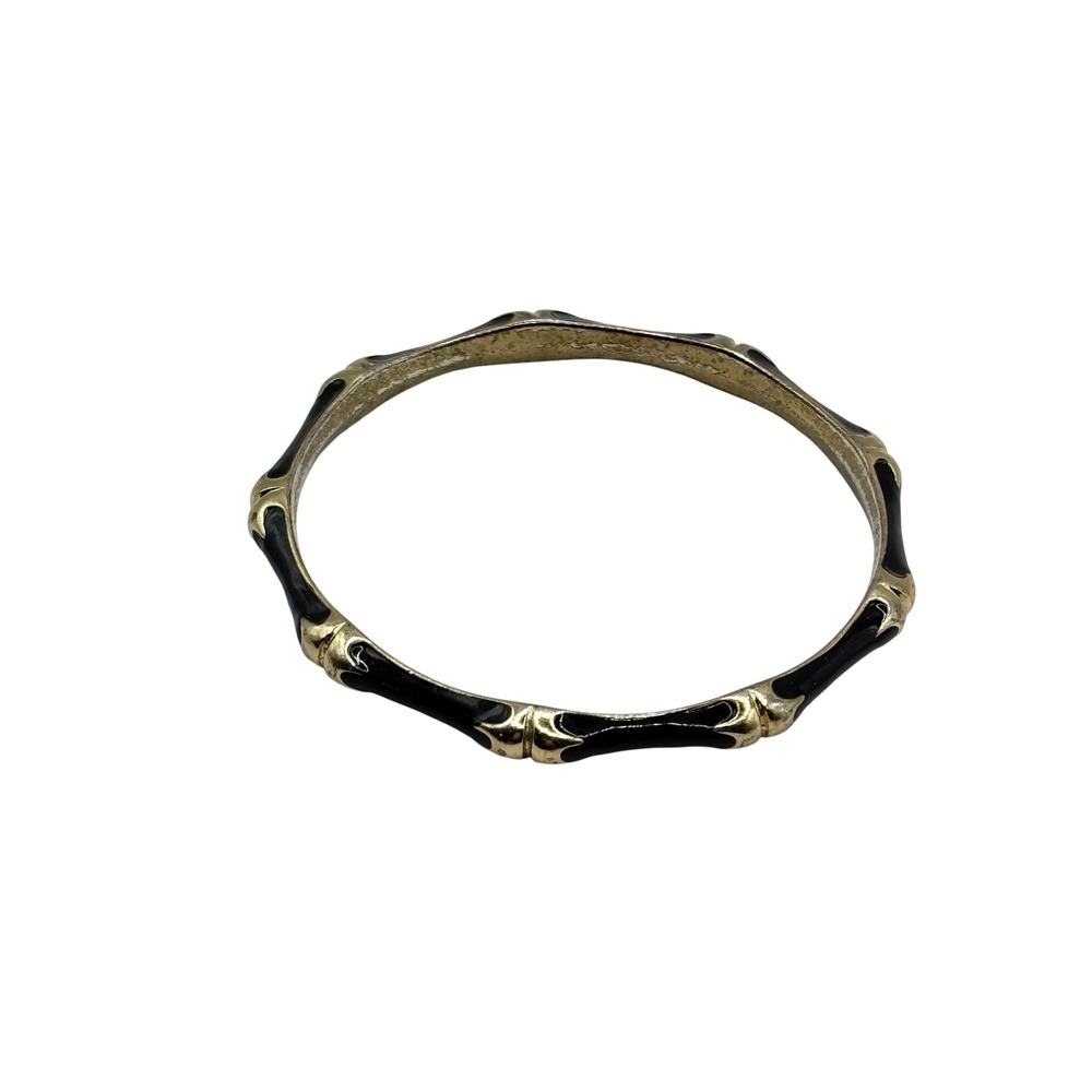 Vintage 80s Black Enamel Bamboo Bangle Bracelet Gold Tone Stacker Stackable Boho